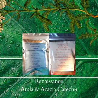 two foil sealed packets amla and acacia catechu powders against a leaf background, used to create natural dark brown copper hair colour