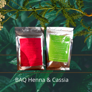 Soft red hair colour combo - BAQ henna and cassia product packets displayed against a green leaf and plant background