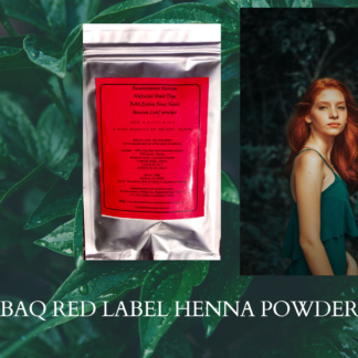product image foil sealed BAQ henna powder with red label, displayed against a leafy dark green background, posiitoned next to image of woman in green sleeveless dress with long ginger auburn hair
