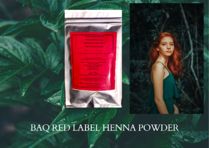 product image foil sealed BAQ henna powder with red label, displayed against a leafy dark green background, posiitoned next to image of woman in green sleeveless dress with long ginger auburn hair