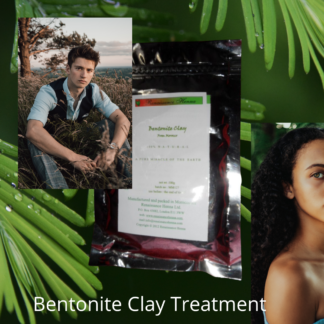 product image of foil sealed benonite clay against a green lafy background and an image on the left of a man sitting in a natural background and a woman with bare shoulders and beautiful skin on the bottom right