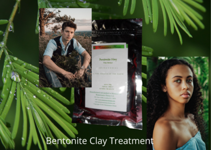 product image of foil sealed benonite clay against a green lafy background and an image on the left of a man sitting in a natural background and a woman with bare shoulders and beautiful skin on the bottom right