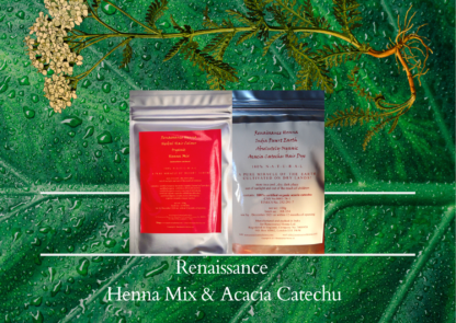 deep auburn hair dye with henna mixed with herbs and acacia catechu- image of two sealed foil packets against a green leaf and plant background