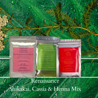 Strawberry blonde powders in 3 foil sealed packets - shikakai with pink label on left, cassia obovata with green label in the middle, and henna mix packet with red label on the right, all displayed against a green leaf and plant background