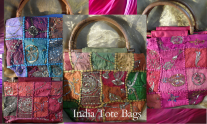 Image of four brightly coloured Indian tote bags with wooden handles made from recycled saris.