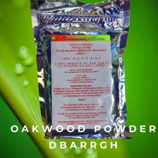 natural mahogany hair colour packet of oakwood powder ina sealed foil packet displayed against a green leaf background