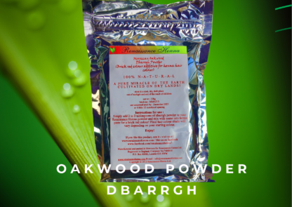 natural mahogany hair colour packet of oakwood powder ina sealed foil packet displayed against a green leaf background