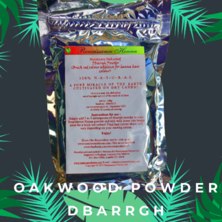 product image of oakwood powder semi permanent hair colour in a sealed foil packet against a green leafy background