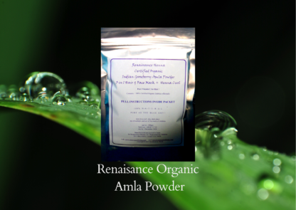 Organic amla powder product in a sealed foil packet with light blue label displayed against a dark background , on a single green plant leaf with water bubbles