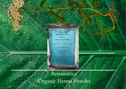 Organic henna hair colour powder in foil packet with blue label , displayed against a green leaf and plant background