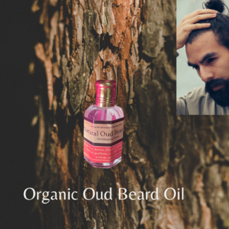 organic oud beard oil product image of small glass bottle against a woody bark background, alongside image of man with healthy beard holding his hand to his head