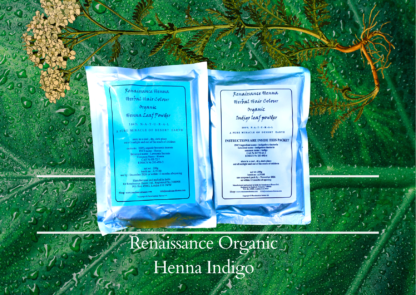 dark brown black hair dye: packets of Renaissnce organic henna & indigo against a green leaf and plant background
