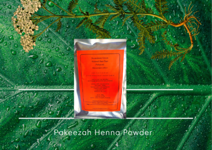 Packet of PPD Free Henna Hair Dye with ornage label, dispayed againast a green leaf and plant background
