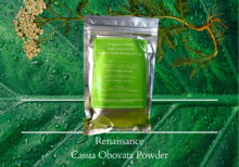 natural hair conditioner powder cassia obovata in sealed foil packet with green label, displayed against a green leaf background and green plant