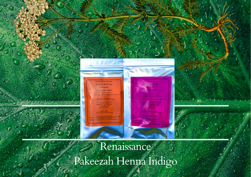 Pure henna and indigo in foil sealed packets with orange and purple label, displayed against a green leaf and plant background
