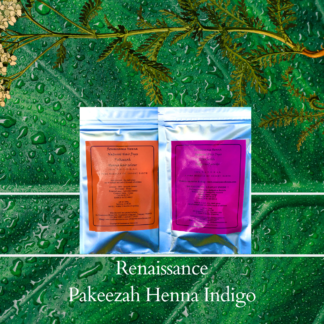 Pure henna and indigo in foil sealed packets with orange and purple label, displayed against a green leaf and plant background