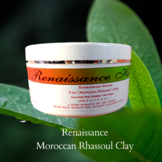 Product image of Natural beauty clay product in sealed , round, white tub with red and green label, displayed against a green leafy background