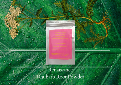 Natural golden highlights rhubarb root powder in sealed foil packet with pink label, displayed against a green leaf and plant background