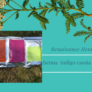 henna, indigo and cassia obovata herbal hair colour packets displayed against a natural plant and plant root background