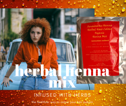 woman with curly ginger hair colour wearing orange short top and jeans standing against a car in an urban area, alongside a packet of Renaissance Henna Herbal Organic Auburn Henna Mix