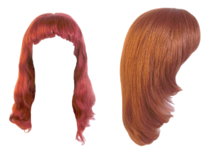 two blank wig profiles of front and side view medium length layered fringed hair soft red hair colour 