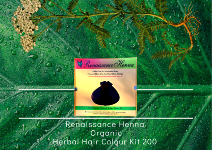 organic hair colour kit product image of boxed kit against a green leaf and plant background