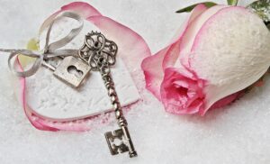 image of pink and white rose with a silver key 