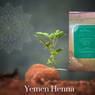 Product image Yemen henna powder in clear bag with green label displayed alongside image of a natural plant herb growing in sandy soil