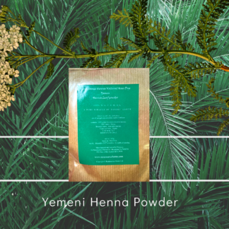 Yemeni henna powder product image against green leaf and plant background