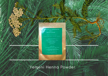 Yemeni henna powder product image against green leaf and plant background
