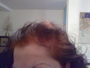 Customer 1 showing side view of hair after applying Renaissance Henna, before Indigo, with natural orange-red colour