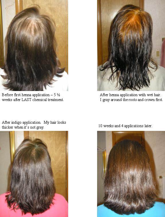 Celine's hair transformation from grey to glossy brown using henna and indigo, shown step by step in four back-view photos.