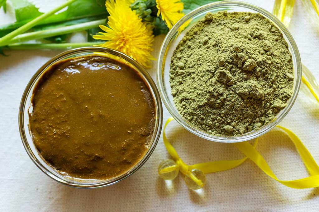 Small glass bowls showing henna powder and freshly mixed henna paste with yellow dandelion background