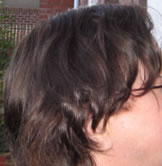 David's side view outdoors showing glossy dark brown-black hair after henna and indigo