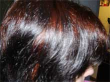 Dee's side view after henna and indigo, showing blended natural highligths
